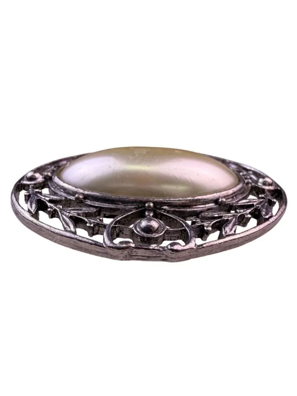 Vintage Womens Silver Tone Metal Oval Filigree Brooch Faux Pearl